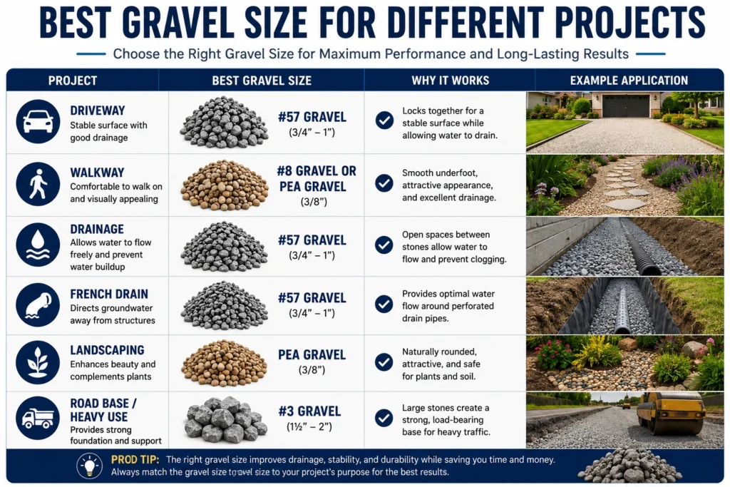 Infographic showing the best gravel sizes for driveways, walkways, drainage, French drains, and landscaping projects