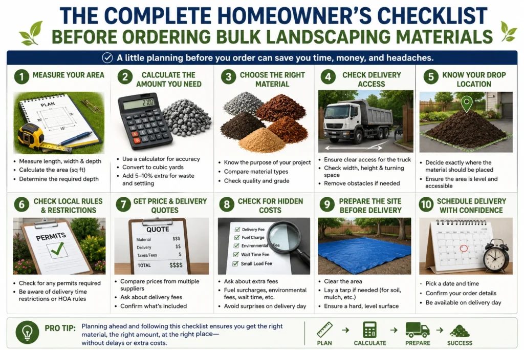 A simple checklist homeowners can follow before ordering gravel, mulch, soil, sand, or other bulk landscaping materials.