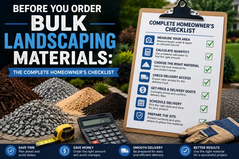 Homeowner checklist before ordering bulk landscaping materials including measuring area, calculating volume, selecting materials, checking delivery access, and estimating costs
