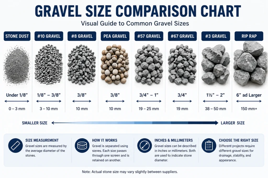 Gravel Size Comparison Chart showing common gravel sizes from stone dust to rip rap