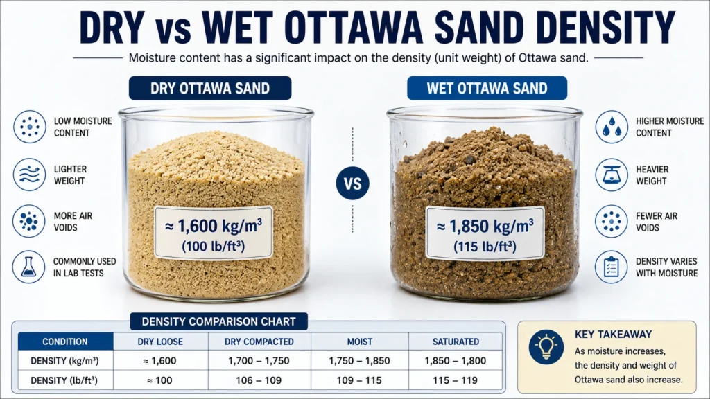 Dry vs wet Ottawa sand density comparison showing the difference in moisture content, weight, and density values