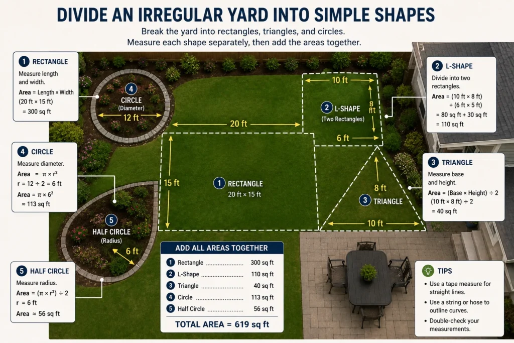 How to measure an irregular yard by dividing it into rectangles, triangles, and circles for accurate gravel, soil, or mulch calculations