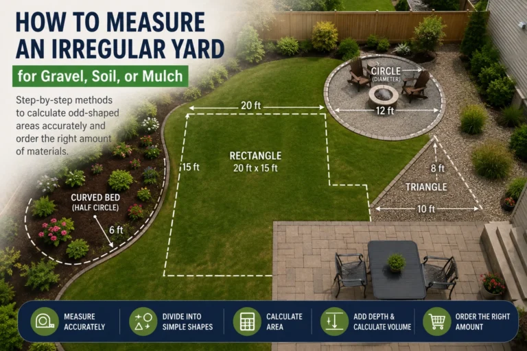 How to measure an irregular yard by dividing it into rectangles, triangles, and circles for accurate gravel, soil, or mulch calculations