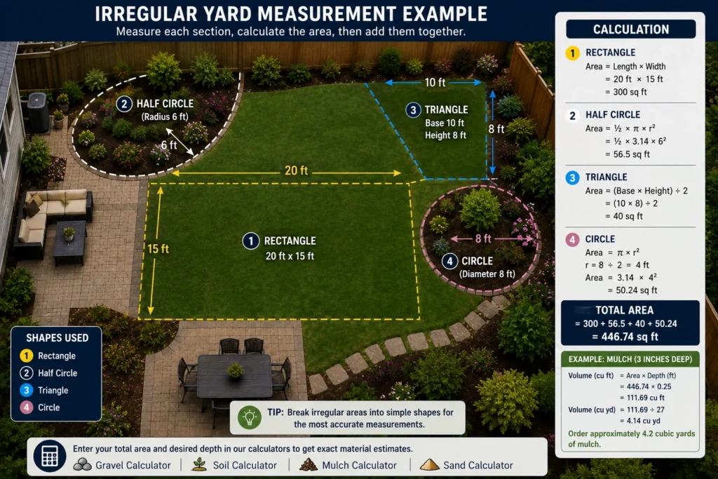 Example showing how to measure an irregular yard by dividing it into rectangles, triangles, circles, and half circles to calculate gravel, soil, or mulch requirements accurately
