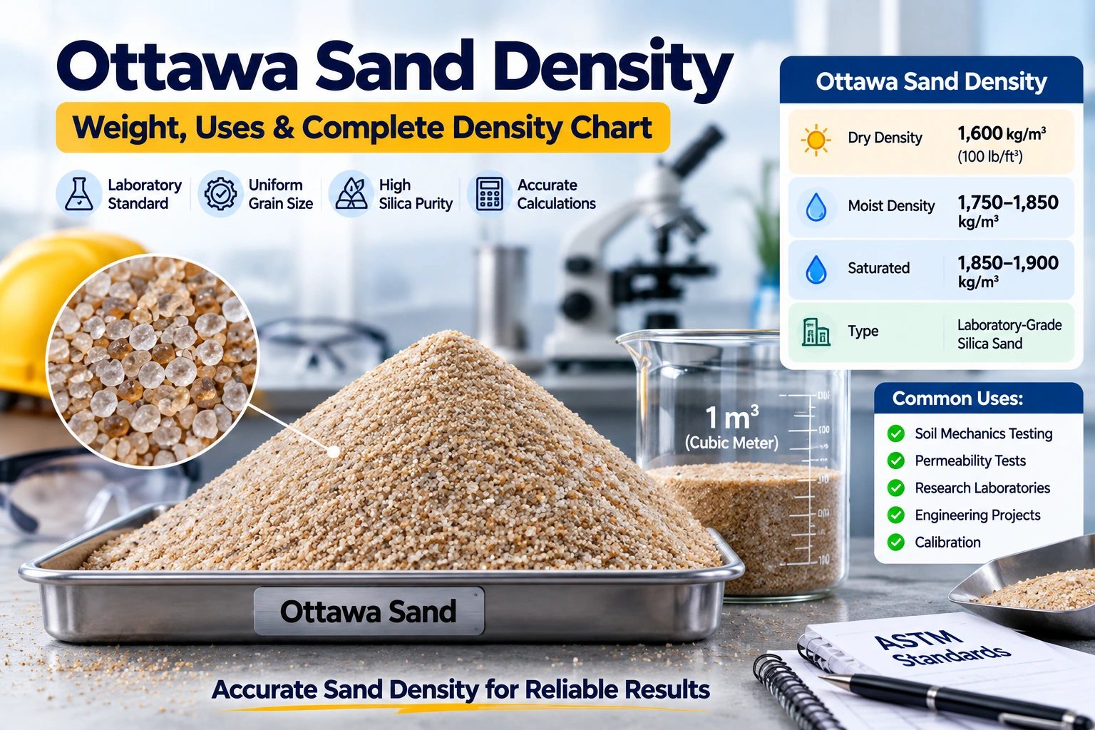 Ottawa sand density laboratory sample showing standard silica sand used for geotechnical testing and engineering calculations