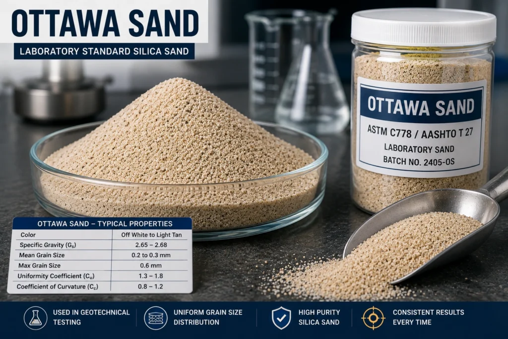 Ottawa sand laboratory sample showing standard silica sand properties, grain size, and geotechnical testing material